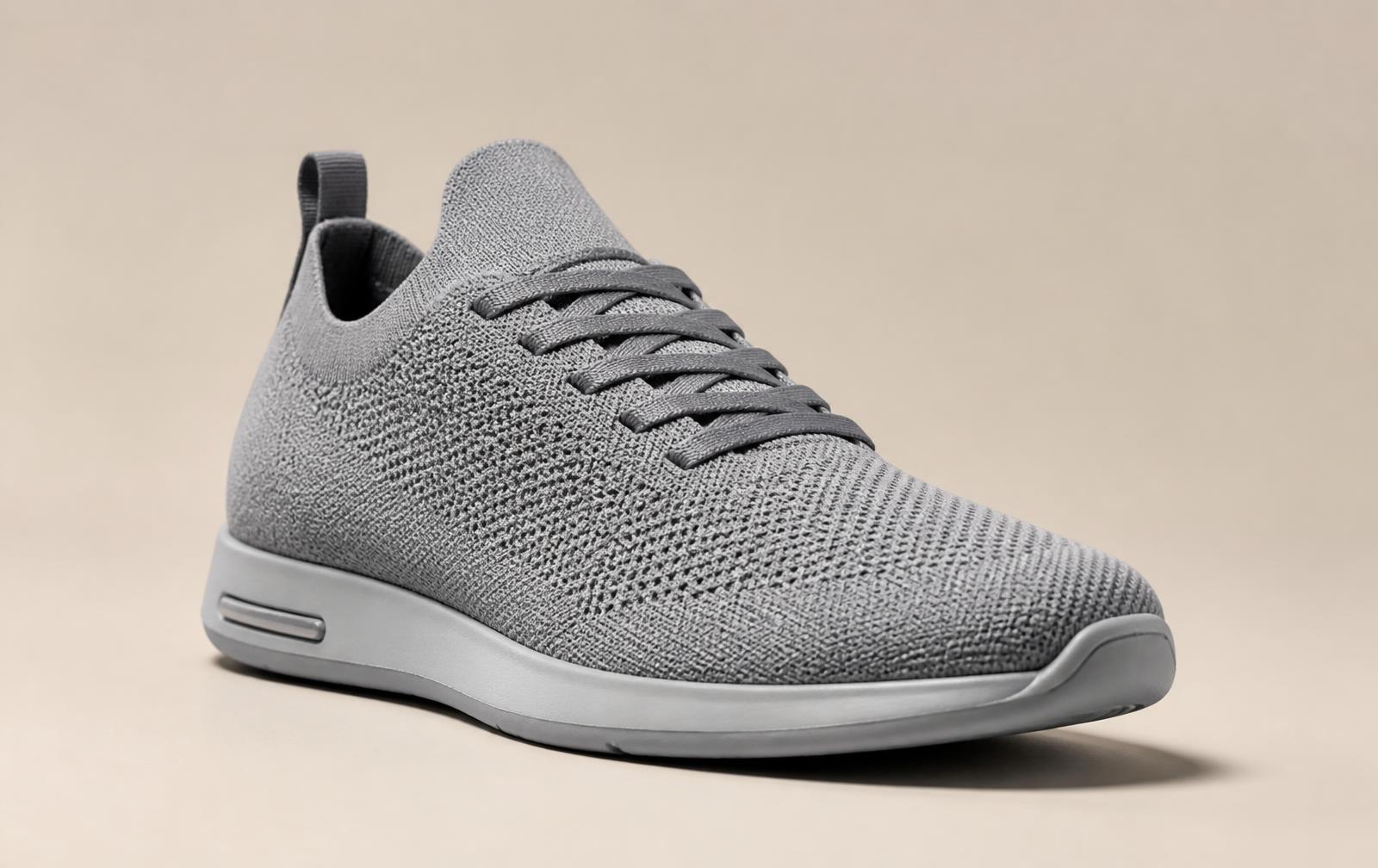 Grauer Strickschuh mit heller Sohle in Dreiviertelansicht vor beigem Studiohintergrund
